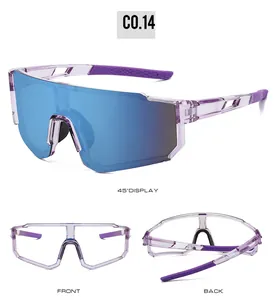 Detail view of colorful outdoor cycling sunglasses with purple frames and blue lenses