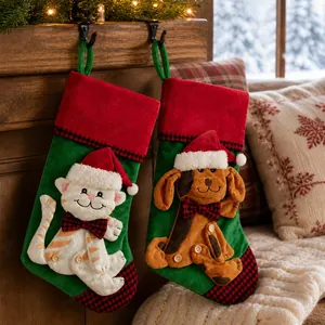 Detailed close-up of large plush Christmas stockings with cat and dog 3D decorations