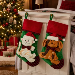Detailed close-up of festive Christmas stockings with cat and dog 3D plush appliques