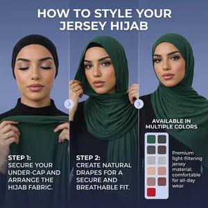 Three-step guide for wearing breathable jersey hijab with undercap and various colors