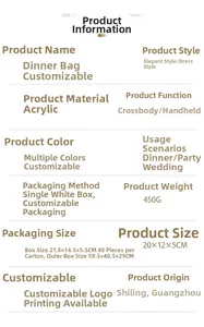 Detailed specifications of acrylic shell evening clutch bag with size and weight info