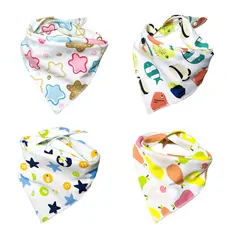 Detailed grid view of 4 pack cotton baby bibs with cute cartoon patterns and snap buttons