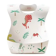 Detail of waterproof silicone baby bib with dinosaur patterns and food catcher pocket