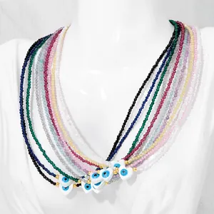 Colorful 2mm crystal bead necklaces with white heart evil eye charms in boho style