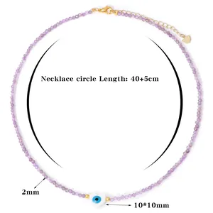 Detail of 2mm purple crystal beaded necklace with heart-shaped evil eye pendant