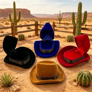 Creatieve fluwelen juwelendoosjes in de vorm van een cowboyhoed in vier diverse kleuren