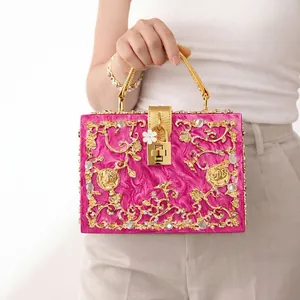Baroque Acrylic Evening Bag With Metal Hollow Filigree And Rhinestones Luxury Box Handbag For Women Vintage Party Clutch