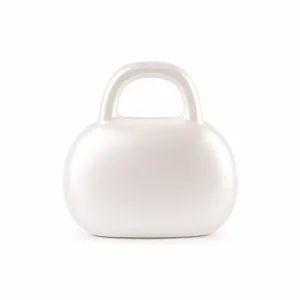 Close-up of modern pearl white ceramic vase with smooth satin finish and bag shape