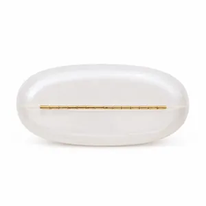 Elegant white pearlescent acrylic clutch bag with gold metal hinge for evening events