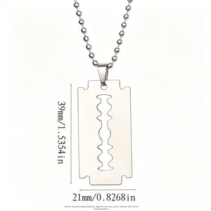 Detailed view of silver razor blade pendant with dimensions 39mm x 21mm on ball chain