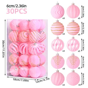 Lot de 30 boules de Noël roses floquées de 6 cm avec divers motifs et textures velours
