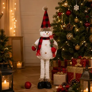 Close-up of standing plush snowman with buffalo plaid hat and scarf in a festive scene
