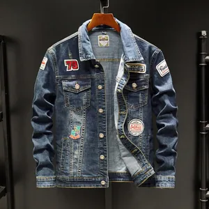 Men Vintage Denim Jacket Cotton Denim Heavy Water Washed Distressed Embroidery Patch Jacket Casual Streetwear Coats