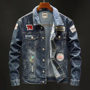 Slim fit vintage dark blue denim jacket for men featuring retro embroidery patches