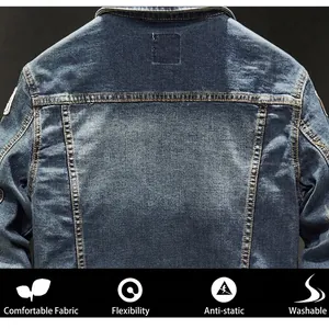 Deep blue denim jacket for men featuring premium washed fabric and back shoulder details