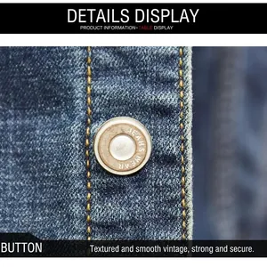 Detailed view of metal button and yellow stitching on slim fit blue denim jacket for men