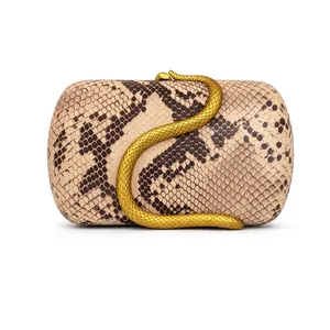 Luxury Women Evening Clutch Bag Hard Shell PU Leather Gold Snake Metal Clasp Chain Strap Vintage Party Wedding Handbag