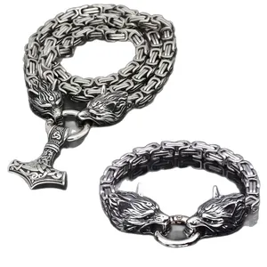 Ensemble collier et bracelet Viking avec marteau de Thor et tête de loup en acier
