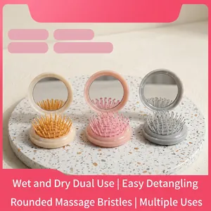 Marble Pattern Foldable Hair Comb With Mirror Portable Massage Air Cushion Detangling Pocket Brush Travel Accessories