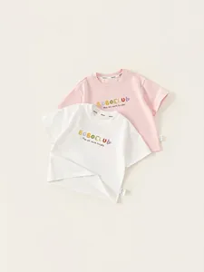 Kinder Jungen Mädchen Baumwollmischung Kurzarm T-Shirt Bunte Cartoon Buchstabe Drucken Sommer Lässige Rundhals Tops