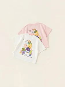 Kinder-T-Shirt-Set aus Baumwolle mit bunten Cartoon-Katzenprints in Weiß und Rosa