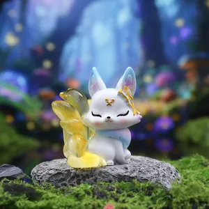 Detailed view of the mythical nine-tailed fox figurine on mossy stone with a fantasy forest vibe