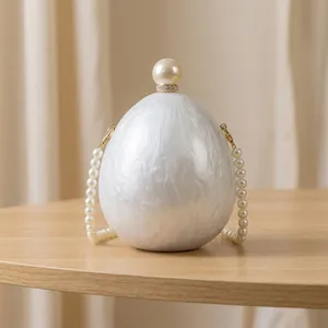 Elegant Acrylic Artificial Pearl Evening Clutch Bag Oval Shell Texture Handbag With Artificial Pearl Chain For Wedding Banquet Women