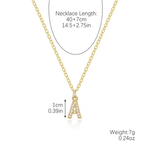 Detail view of gold letter A pendant necklace with precise size measurements and specifications