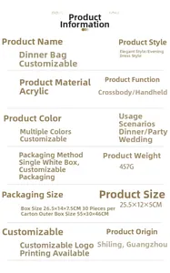 Detailed specifications table for acrylic evening clutch showing 25.5x12x5cm dimensions