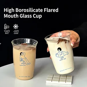 Borosilicate glass cup with cartoon illustration, heat resistant for coffee and milk