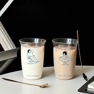 Cartoon heat-resistant borosilicate glass cups with artistic blue minimalist illustrations