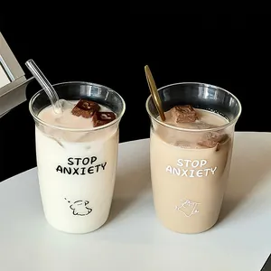Minimalist high borosilicate glass cup with cartoon print and Stop Anxiety text quote