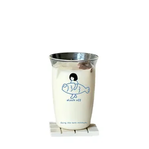 Minimalist high borosilicate glass cup with blue cartoon illustration and ice milk drink