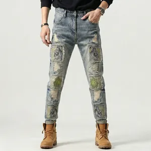Jeans Patchwork Strappati da Uomo Vestibilità Aderente Pantaloni in Denim Dritti Vintage Ricamati Palma Blu Streetwear