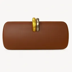 Minimalist brown PU leather clutch bag with stylish gold and silver metal rings closure