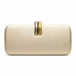 Macro view of champagne PU leather clutch bag with elegant two-tone metal clasp