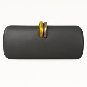 Minimalist dark gray PU leather rectangular clutch with interlocking gold and silver rings