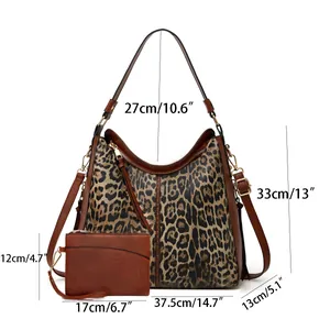 Detailed size chart of leopard print hobo bag and matching brown small clutch set