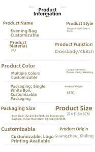 Detailed specifications of PU evening bag measuring 21x11.5x5cm with 617g net weight