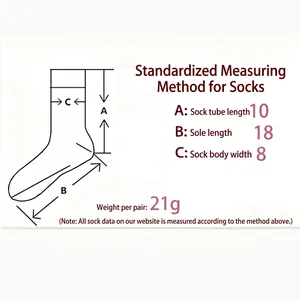 Size guide for Dachshund pattern crew socks showing dimensions and 21g weight