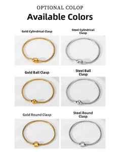 Detailed views of gold and steel snake chain bracelets with various clasp style options