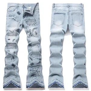 Men Flare Jeans Cotton Blend Distressed Patchwork Embroidery Punk Streetwear Denim Pants Light Blue Vintage Washed Trousers