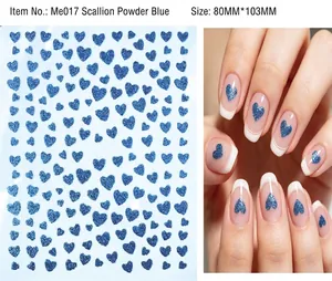 Blue glitter heart nail stickers in French manicure style, size 80mm by 103mm