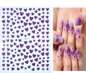 Detail showing Me017 purple glitter heart nail art stickers with 80x103mm dimensions