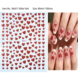 Glitter red heart nail art stickers Me017 with DIY manicure application view