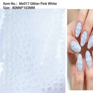 Glitter white heart nail stickers Me017 with 3D pearlescent effect for Valentine manicures