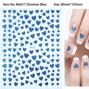 Glitter blue heart nail art stickers Me017 with sparkling powder finish for Valentine DIY