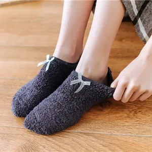 Plush charcoal grey indoor slippers socks with ribbon bow and anti-slip silicone soles