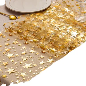 Golden star pattern sheer table runner for wedding and holiday dinner decorations