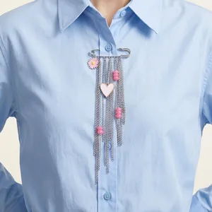 Tassel Brooch Pin Pink Heart Daisy Pendant Alloy Resin Long Fringe Chain Retro Safety Pin For Clothing Jeans Decoration